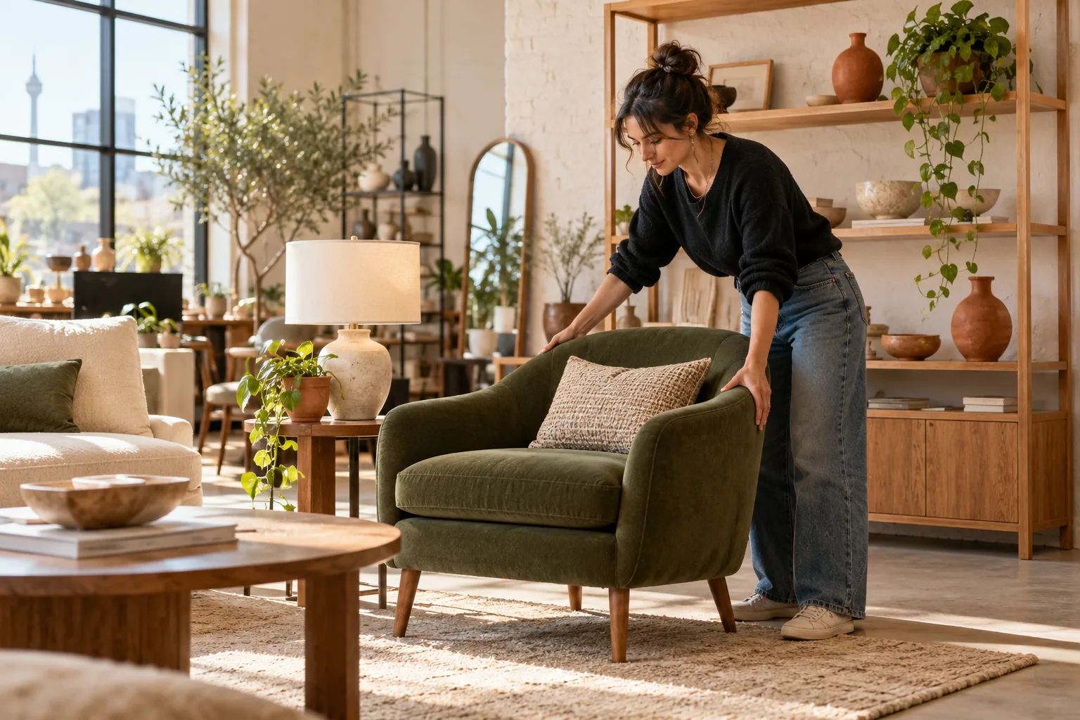 An illustrative furniture rental owner arranging an olive armchair in a warm showroom