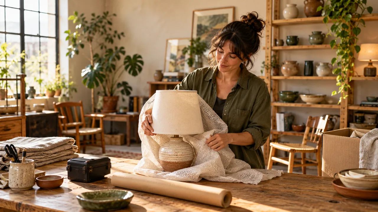 An illustrative local rental studio owner carefully preparing a lamp for its next use